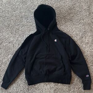 Vintage Champion Men Medium Reverse Weave Embroidered Black Heavy Cotton Hoodie